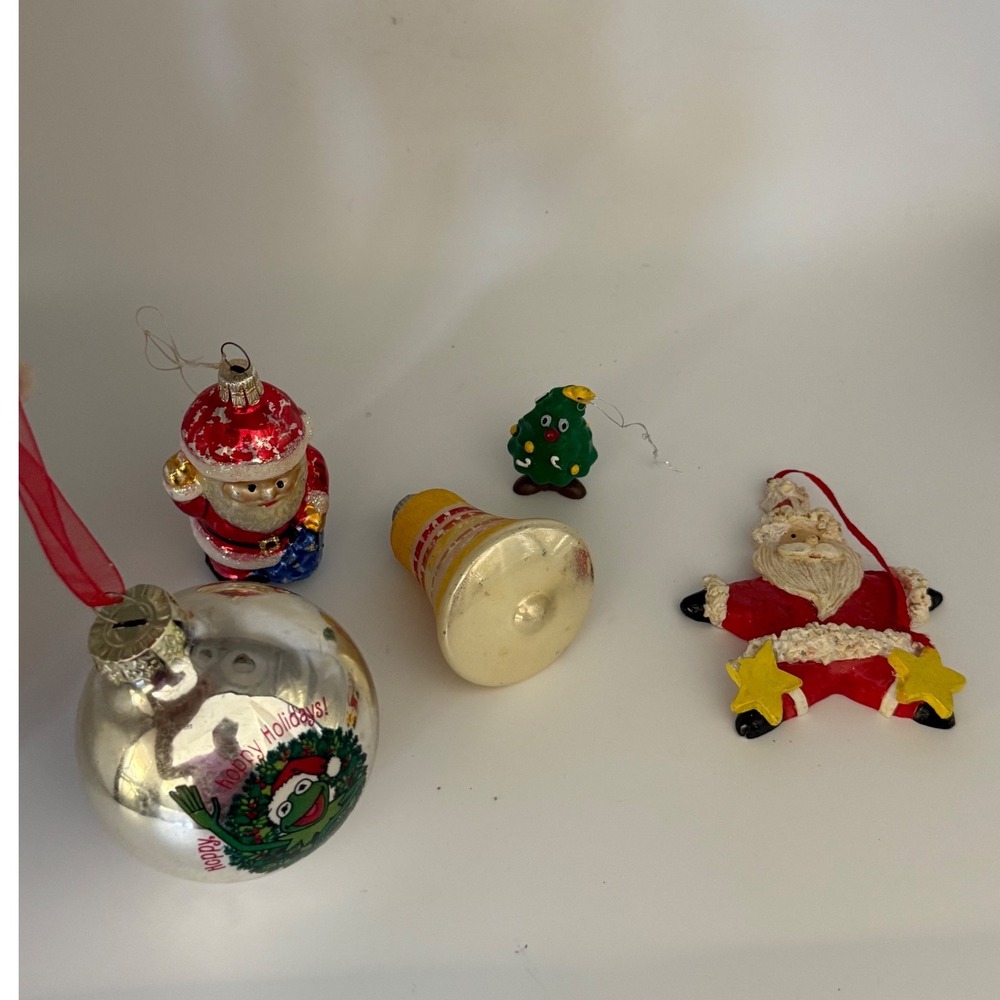 Vintage Christmas Ornament Lot Kermit Miss Piggy Glass Santa Bell Retro Kitsch